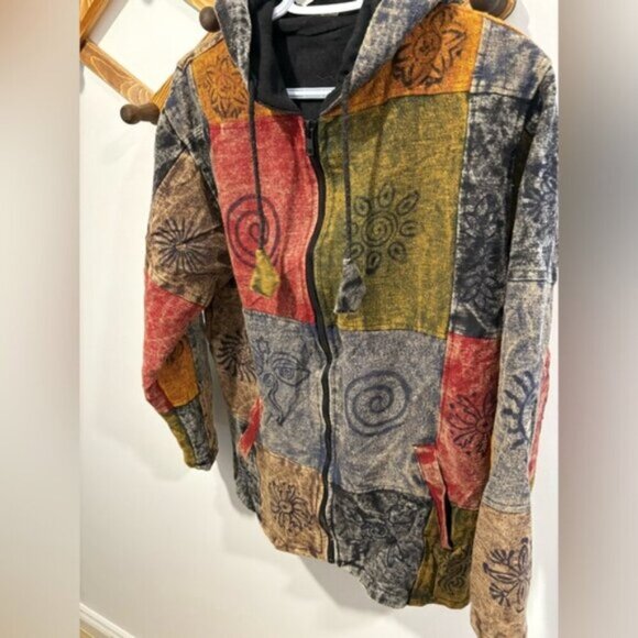 Hippie Boho Vintage Retro Cotton Symbols Fleece Lined Jacket Festival Nepalese - Picture 8 of 11